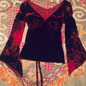 Anna Paul Bell-Sleeved Burnt Velvet Ruby Red Top